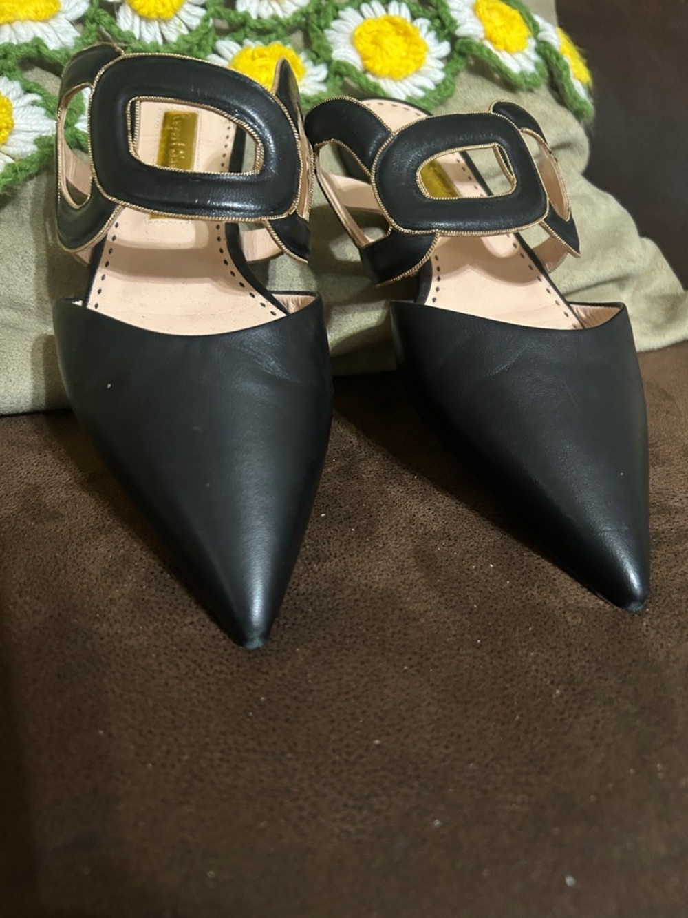 Rupert Sanderson Black Pointed Leather Mules with gold accents